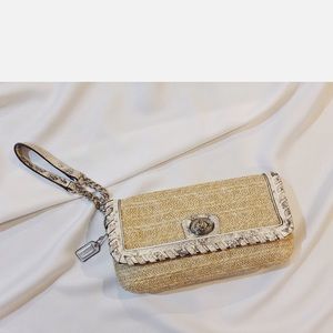 Coach Leather-Trimmed Raffia Clutch